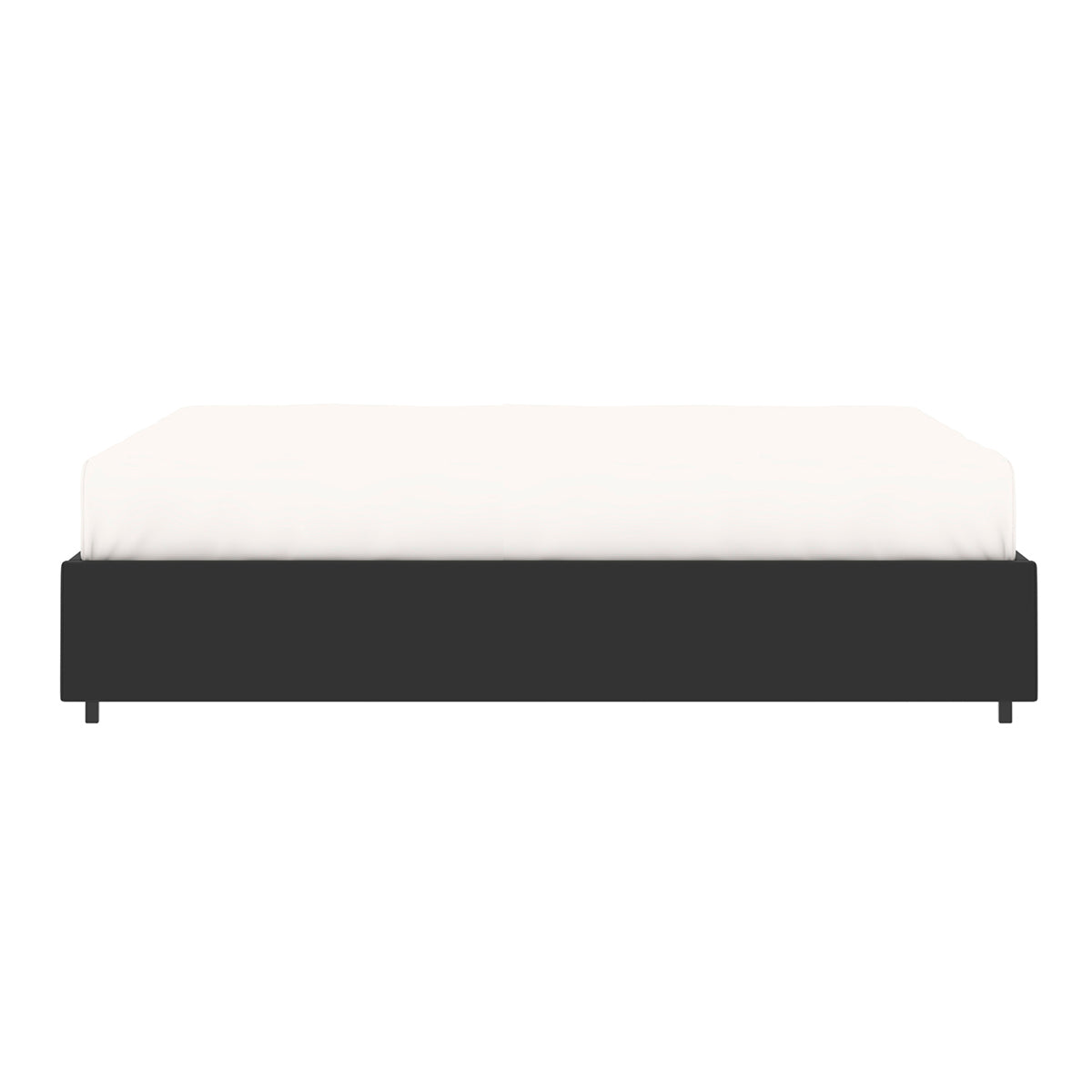 Vue de côté du lit plateforme LANCE 140x190 cm avec coffre de rangement en finition PU noire