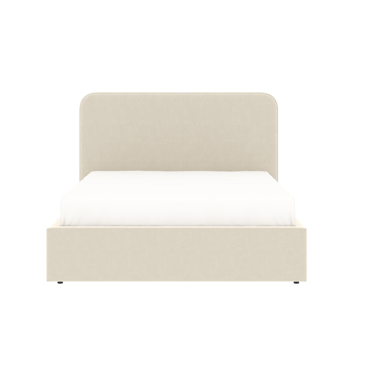 Vue de face du lit coffre tête de lit haute 140x190 cm velours beige ANTON