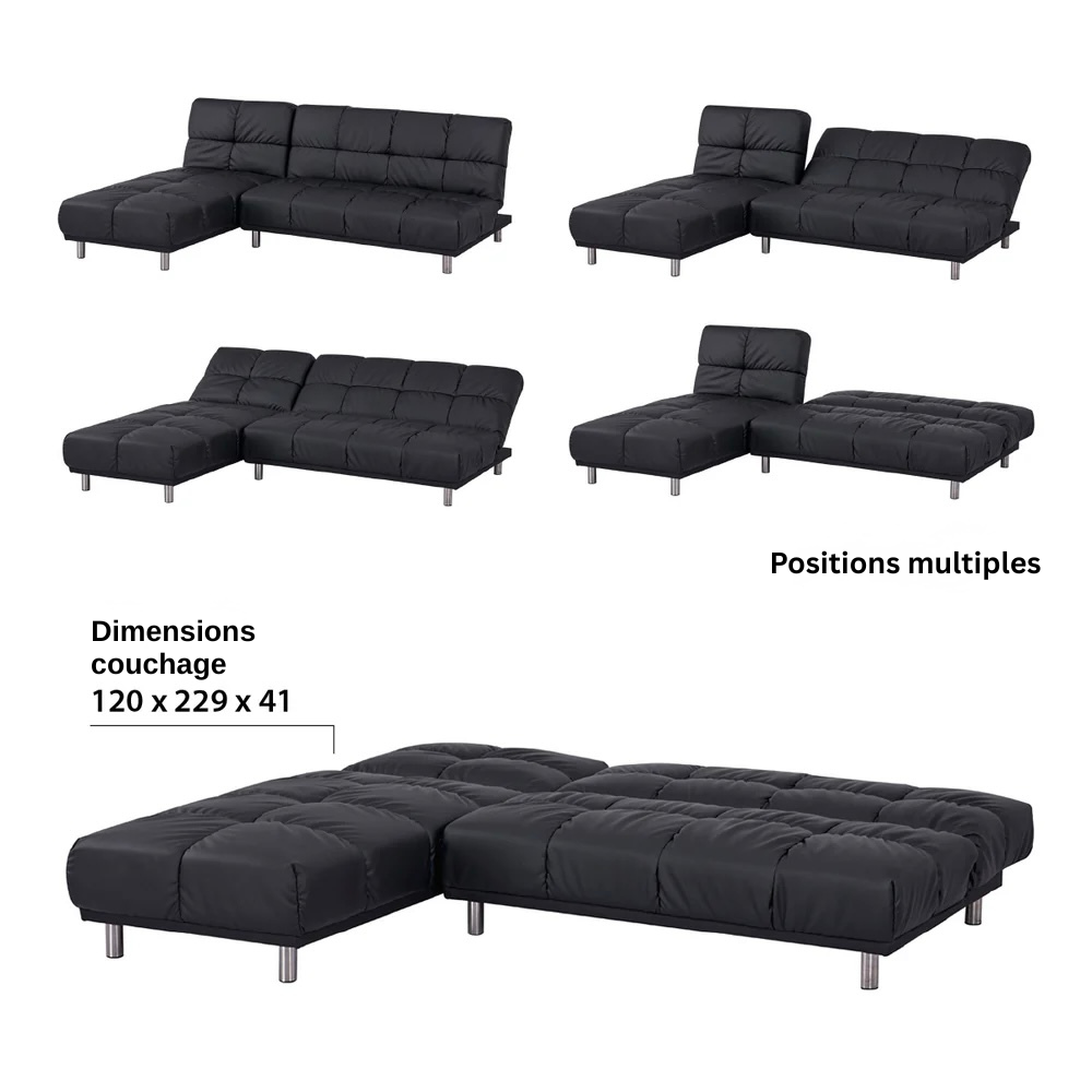 Eck-Schlafsofa mit Clic-Clac-Funktion für 2 Personen und beidseitig montierbarer Récamiere (links/rechts) mit Liegefläche 120 x 229 cm in schwarzem PU – MELLOW