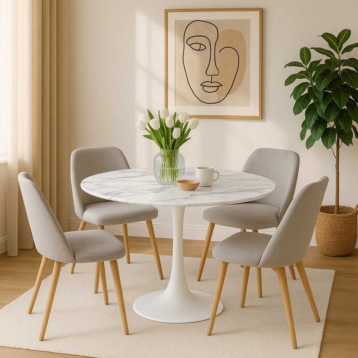 Vue d'ambiance Table ronde TULIPS en finition verre marbre blanc